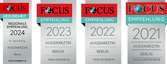 Die Auszeichnungen von Focus Gesundheit für 2021, 2023 und 2024 in Silber und Rot.